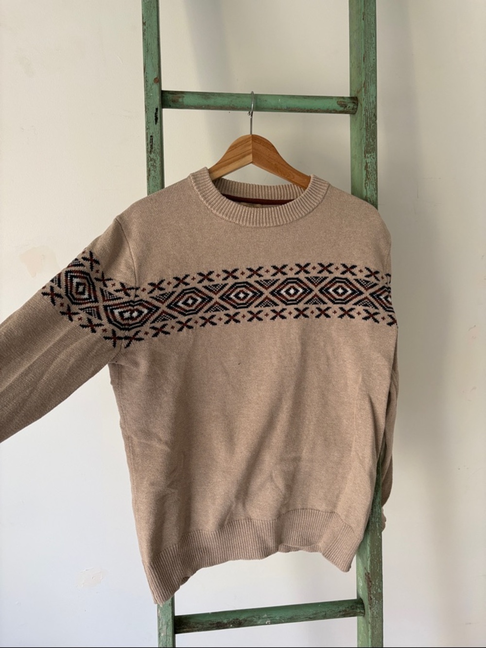 Men's Crewneck Sweater with Geometric Yoke - Beige
